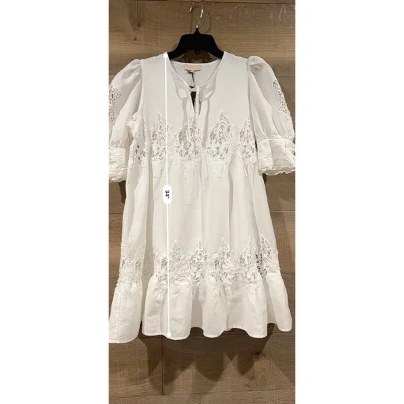 BYTIMO Guipure lace-trimmed linen and cotton-blend mini dress Size S